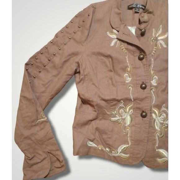 True Meaning Linen Blend Floral Embroidered Jacket Tan Size Small - Picture 2 of 7
